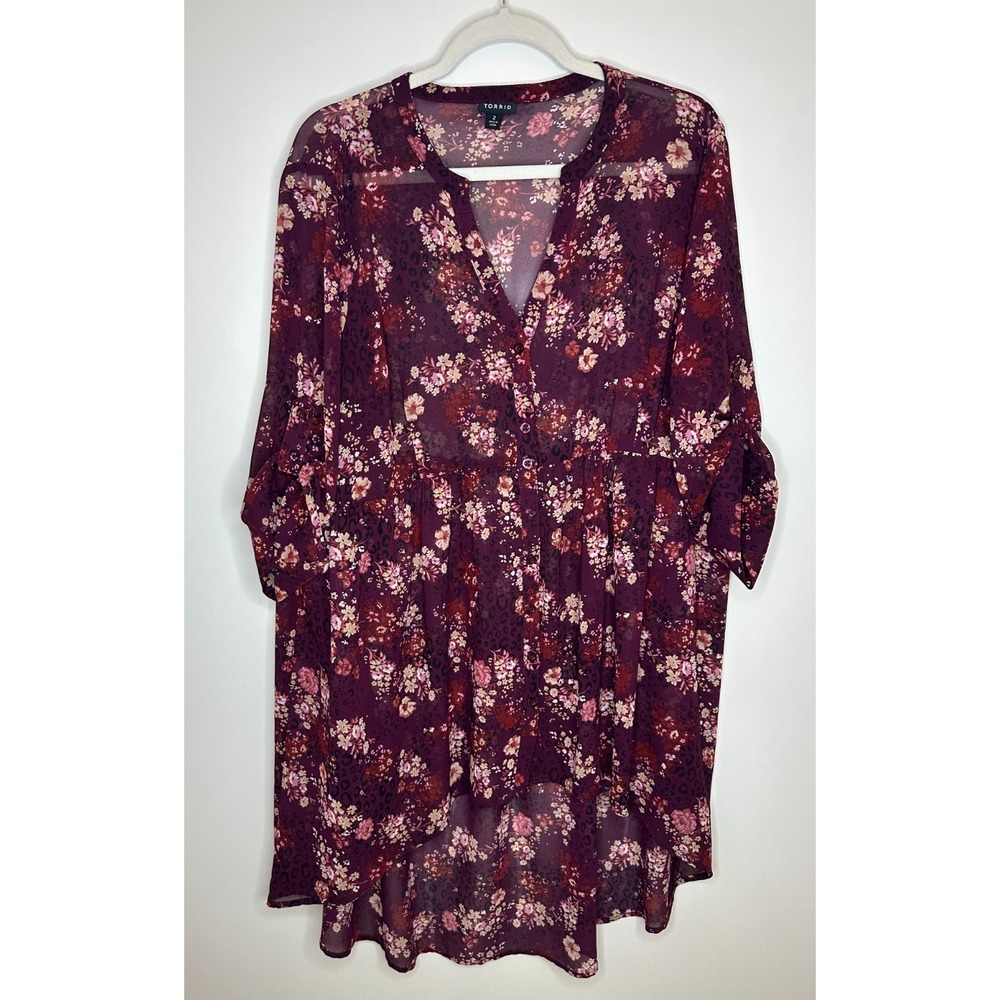 Torrid Burgundy Floral Sheer Chiffon Hi-Lo Babydoll Tunic Top Plus Size 2 2X - Picture 2 of 11
